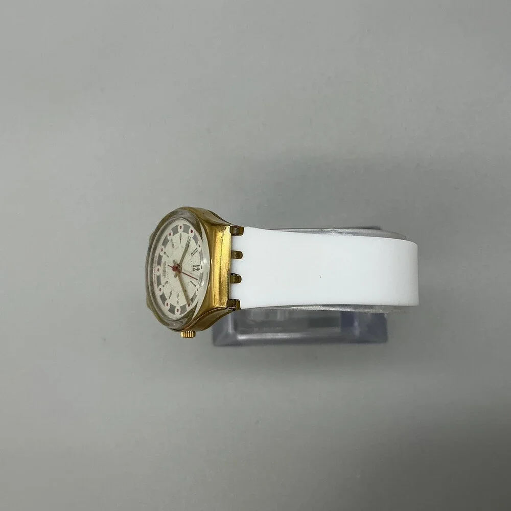 Vintage Swatch Womens Watch 25mm Cream Dial Gold Tone White Band Swiss Quartz